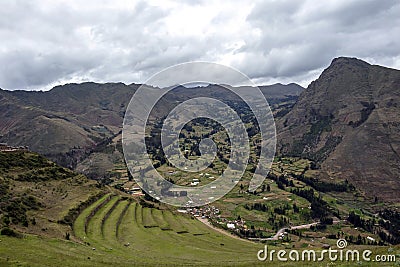 View at the agriculture Inca terraces used for plants farming, Archeological Park in Sacred Valley, Pisac near Cusco, Peru Stock Photo