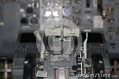 View of aircraft thrust lever. Stock Photo