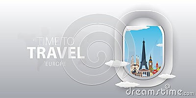 View from airplane. Flight window. Europe. Flat web vector banner. Vector Illustration