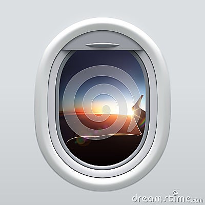 View from Airplane Window to the Sky and Wing. Vector Illustration