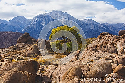 View of Alabama Hills, famous filming location rock formations near the eastern slope of Sierra Nevada, Owens Valley, west of Lone Stock Photo