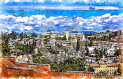 A view of Albaicin and Sacromonte districts. Granada, Andalusia, Spain. Cartoon Illustration