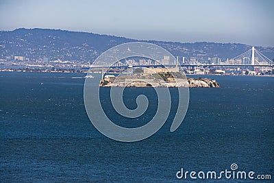 View of Alcatraz penitentiary prison jail island in San Francisco Bay. Stock Photo