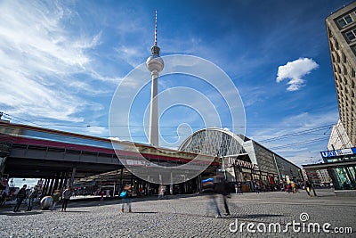 View of the Alexanderplatz station in Berlin, Germany, with the structure of the Berliner Fernsehturm, the popular television towe Editorial Stock Photo