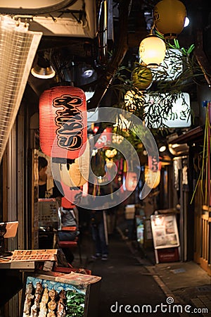 View of the alley at Omoide Yokocho with lantern in the foreground written Japanese word. Portrait Orientation Editorial Stock Photo