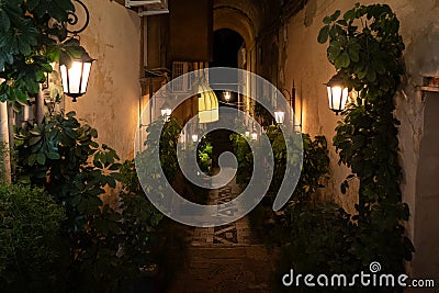 View of an alley with steps down and wall with lanterns illuminating sidewalk at night Stock Photo