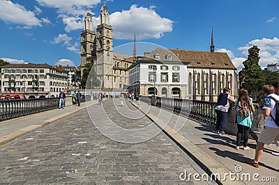 View along Munsterbrucke bridge in the city of Zurich Editorial Stock Photo