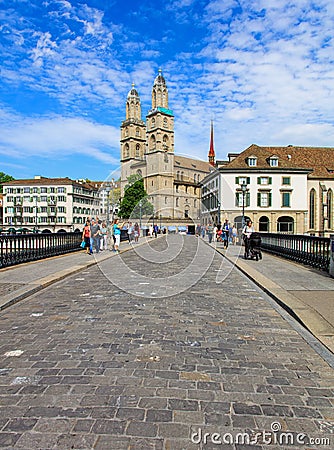 View along Munsterbrucke bridge in Zurich, Switzerland Editorial Stock Photo