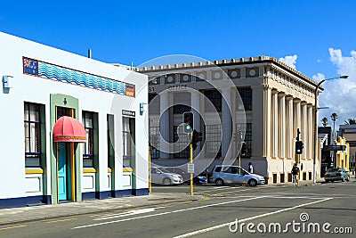 Napier, New Zealand. The Art Deco Hildebrandt`s and Classical Public Trust Office buildings Editorial Stock Photo