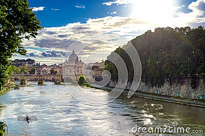 Tiber River towards St. Peter`s Basilica in Rome, Italy Stock Photo