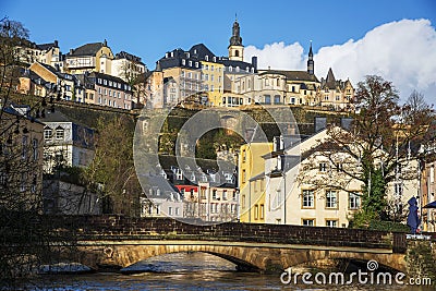 Alzette River and Grund Quarter in Luxembourg City Stock Photo