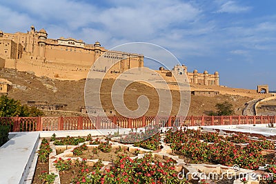 View of Amber fort and palace from Kesar Kyari Bagh garden on Maotha Lake. Rajasthan. India Stock Photo