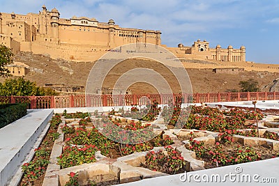 View of Amber fort and palace from Kesar Kyari Bagh garden on Maotha Lake. Rajasthan. India Stock Photo