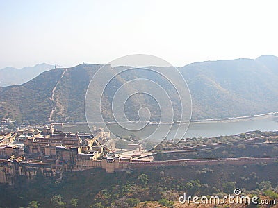 View of Amer Palace & Maotha Lake from Jaigarh Fort, Jaipur, Rajasthan, India Stock Photo