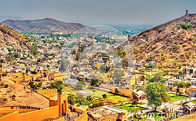 View of Amer town with the Fort. A major tourist attraction in Jaipur - Rajasthan, India Stock Photo