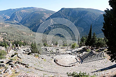 The view on amphitheater, in the archaeological site of Delphi, Greece Stock Photo