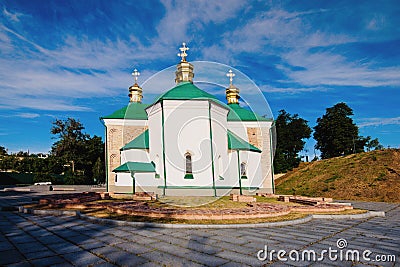 View of ancient Church of the Saviour at Berestovo. A portion of the wall cleaned from stucco belongs to the early 12th century. Stock Photo