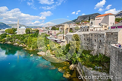 A view of the ancient city of Mostar, Bosnia and the River Neretva Stock Photo