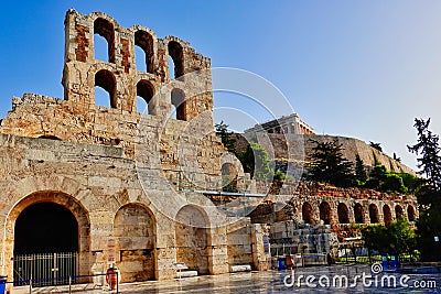 View of the Odeon of Herodes Atticus and the Parthenon From Dionysiou Areopagitou Street, Athens, Greece Stock Photo