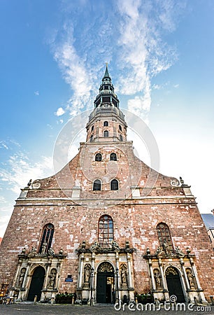 View on ancient Saint Peter`s Church, Riga, Latvia. First mention of the St. Editorial Stock Photo