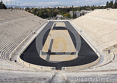 View of the ancient stadium of the first Olympic Games in white marble - Panathenaic Stadium - in the city of Athens, Greece Editorial Stock Photo