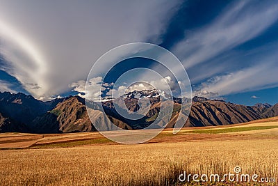 View on the Andes mountains near the Cusco city in Peru. Mountain peak covered with snow Stock Photo