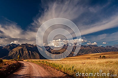 View on the Andes mountains near the Cusco city in Peru. Mountain peak covered with snow Stock Photo