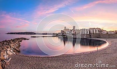 View of Antibes on sunset from plage, French Riviera, France Stock Photo