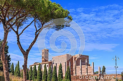 Urban view of Rome, Italy: the Temple of Venus and Roma on Velian Hill. Stock Photo