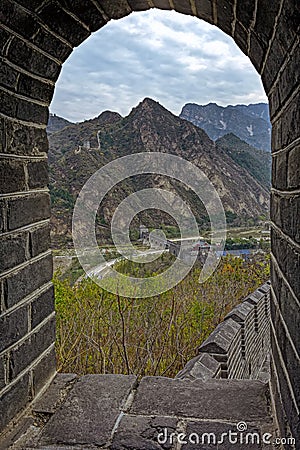 View Through Arched Window At Great Wall Of China Stock Photo