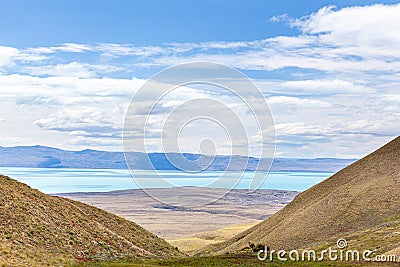 View of Argentinean lake, from the top of mount `Cerro Moyano Stock Photo