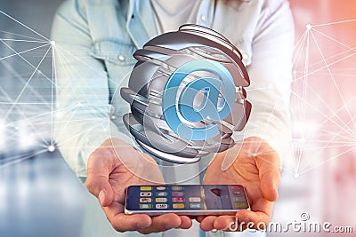 Arobase symbol displayed in a sliced sphere - 3D rendering Stock Photo
