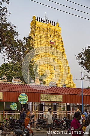 View of Arulmigu Ramanathaswamy yellow Temple in Rameshwaram. Editorial Stock Photo