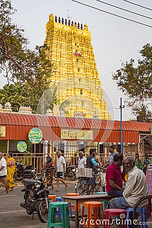 View of Arulmigu Ramanathaswamy yellow Temple in Rameshwaram. Editorial Stock Photo