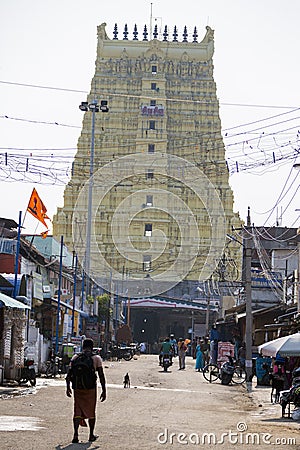 View of Arulmigu Ramanathaswamy yellow Temple in Rameshwaram. Editorial Stock Photo