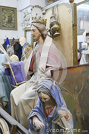 View of assorted religious statues in an old workshop in Lecce, Italy Editorial Stock Photo