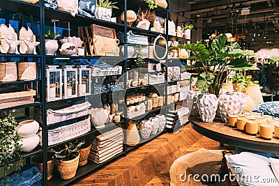 View of assortment of decor for interior shop in store of shopping center. Home accessories and household products in Editorial Stock Photo