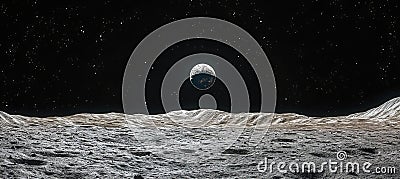 View From Asteroid Surface Lone Planet and Distant Nebula Across the Vastness of Space. Stock Photo