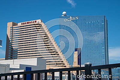View of the Atlantic City skyline including the Showboat and Ocean Resort Hotel and Casinos as well as the House of Blues concert Editorial Stock Photo