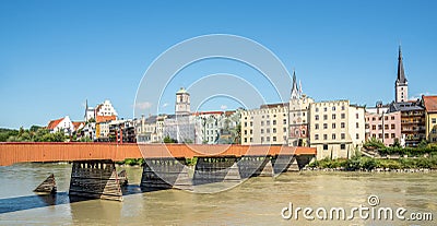 View atthe Red bridge over Inn river in Wasserburg am Inn town, Germany Editorial Stock Photo