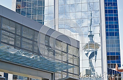 Auckland Skytower futuristic reflection in office building Editorial Stock Photo