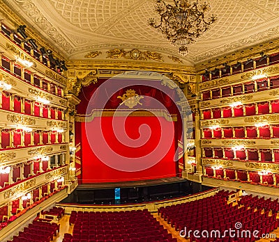 View of the auditorium and the stage of the theater La Scala in Milan, Italy Editorial Stock Photo