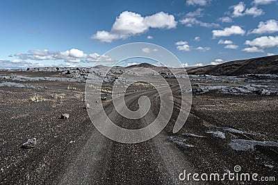 View at Austurleid road 910 crossing Odadahraun desert in north of Vatnajokull National Park Editorial Stock Photo