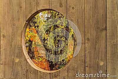 A view of autumn colors through a circular window Stock Photo