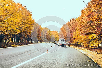view of autumn highway fall season Stock Photo