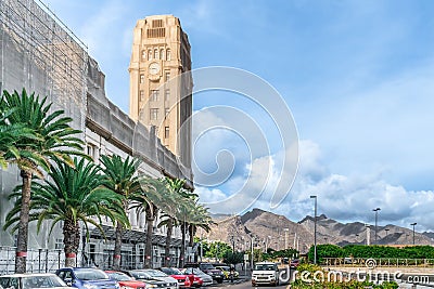 View from Avenida Maritima to Insular Palace of Tenerife and the mountains Editorial Stock Photo