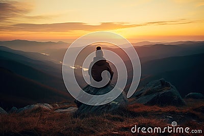 Girl in a warm hat sits on a mountain and admires the beautiful view of dawn or sunset.AI generated Stock Photo