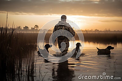 View from the back a hunter with hunting dogs walks along a lake with reeds in search of prey. Hunting season concept. Generative Stock Photo