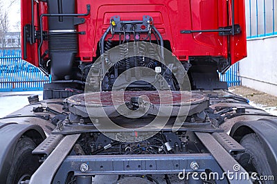 Rear of the tractor unit. Visible fifth wheel couplings are fitted to a tractor unit to connect it to the trailer Stock Photo