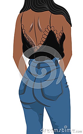 View from back of a tanned brunette woman dressed in jeans and black blouse Vector Illustration